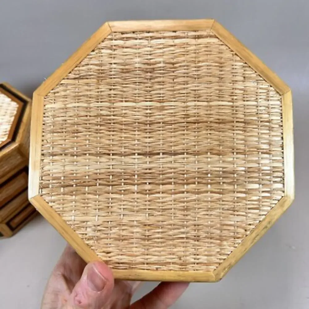 Vintage Bamboo Wicker Hexagon 3 Nesting Jewelry Trinket Boxes- EUC